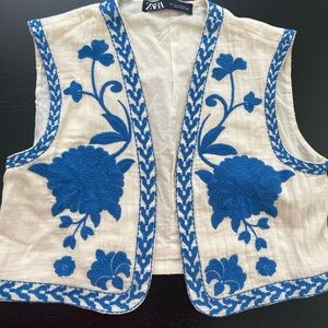 Zara Beige and Blue Embroidered Vest